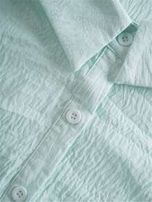 Plus Size Women's Solid Color Casual Long Sleeve Shirt, Bishop Sleeve, Regular Fit Blouse, Daily Button-Up Spring - Lake Blue - View 5