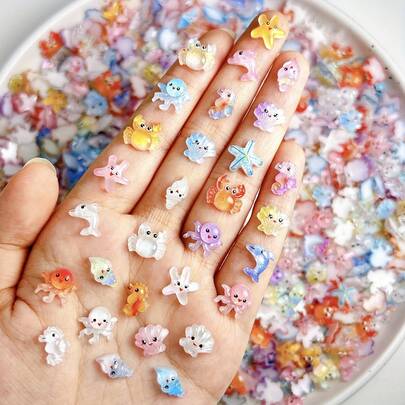 30/90/150/210个迷你树脂海洋生物挂件 - 款式包括鱼、海星、海马、螃蟹、贝壳，适用于美甲、手机壳装饰、DIY手工 - 柔和色调海洋动物微缩模型（款式随机发货），迷你礼品