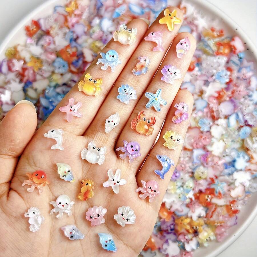 30/90/150/210pcs Mini Resin Ocean Creature Charms - Styles Include Fish, Starfish, Seahorse, Crab, Shell, Suitable For Nail Art, Phone Case Decor, DIY Crafts - Soft Color Tone Ocean Animal Miniatures (Assorted Styles Shipped Randomly), Mini Gift