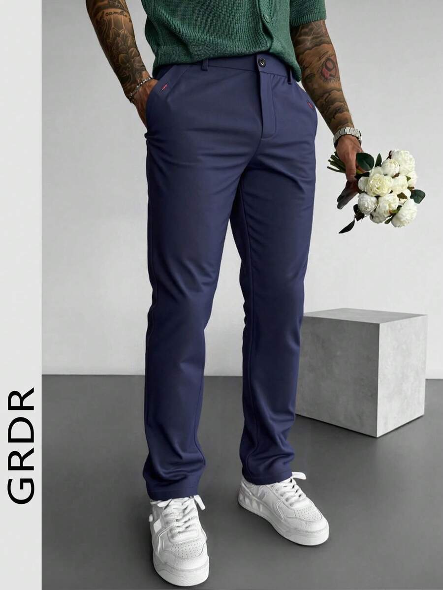 GRDR 男士纯色口袋休闲通勤锥形裤 - 寶藍色 - 查看 1