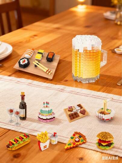 1 食物积木,冰淇淋积木,蛋糕积木,红酒积木,橙子积木,蛋糕积木,猕猴桃积木,寿司积木,巧克力积木,DIY食物系列积木,生日礼物,迷你积木,桌面装饰,减压