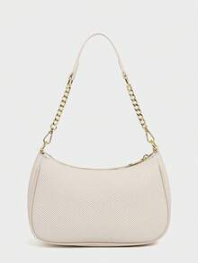 2025新款时尚经典百搭字母图案纯色PU皮革新月形单肩/腋下包，Y2K风格单肩/腋下包，适合购物，可斜挎 - 白色 - 查看 3