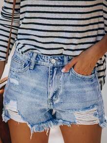 Women's High Waist Comfortable Super Short Jeans, Tight Fit, Distressed Raw Hem, Retro Vintage Design, Casual Home Wear, Light Blue Washed Denim Super Shorts