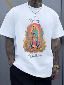 Colorful Image Of The Virgin Of Guadalupe Surrounded By Vibrant Flowers, A Symbol Of Hope, Faith And Protection, With Bright Halos That Convey Peace And Devotion. Men's T-Shirt, 100% Cotton, 220g - White - View 1