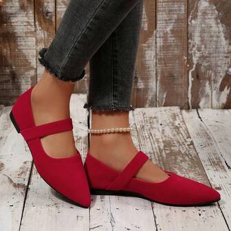 Nya moderiktiga mångsidiga platta skor med spetsiga tå och enkel rem för kvinnor, bekväma röda utomhusskor för hösten