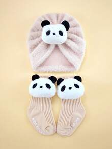 2件套婴儿冬季卡通发带帽+袜子套装，0-6个月，柔软绒面帽袜组合，保暖婴儿头饰套装 - 彩色 - 查看 17