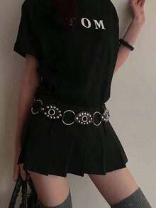 1pc Women's Coffee Color PU Round Ring Studded Buckle Waist Belt Summer, School Fall, Autumn, Halloween - 黑色 - 查看 5