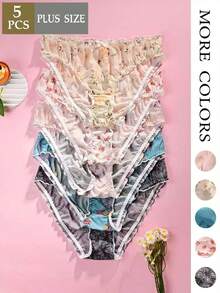 5pcs/Pack - Plus Size Women Floral & Heart Print Contrast Trim Hipster Panties, Comfortable Fabric - Multicolor - View 1