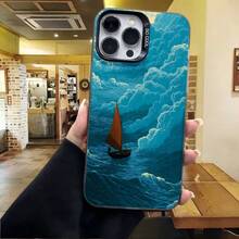 Cubierta de telefono con diseño de barco en el mar azul para iPhone 14 Pro Max protector de pantalla con estampado de nubes y oceano ideal para uso diario y viajes - Negro - Ver 4