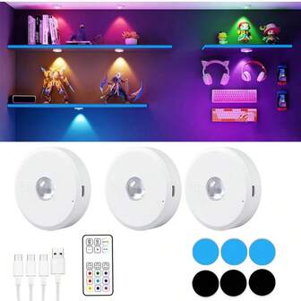 3颗LED无线9色变色橱柜灯衣柜灯电池供电夜灯，带遥控调光和定时功能，磁吸式安装RGB橱柜灯