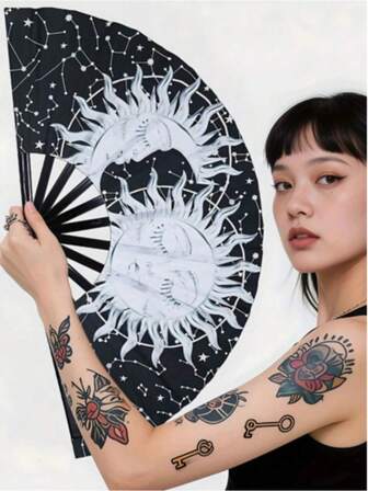 1 件复古风格黑色布料双面折叠扇子，带有中国龙水墨画图案，适合夏季清凉、海滩、旅行