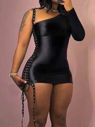 Fashionable Women's Solid Color Asymmetrical Shoulder Bodycon Dress With Drawstring Tie Design, Versatile For Daily Wear And Street Style