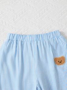 idolCat Toddler Boys' Casual Striped Pants With Teddy Bear Patch, Elastic Waistband, Suitable For Autumn Daily Wear - Baby Blue - View 5