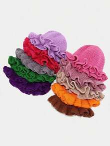 1pc Solid Color Hand-Knitted Crochet Cap, Bohemian Style Pleated Floppy Hat With Ruched Brim, Casual Cute Retro Street Fashion Polyester Knit Bucket Hat - Nhiều màu - Xem 4