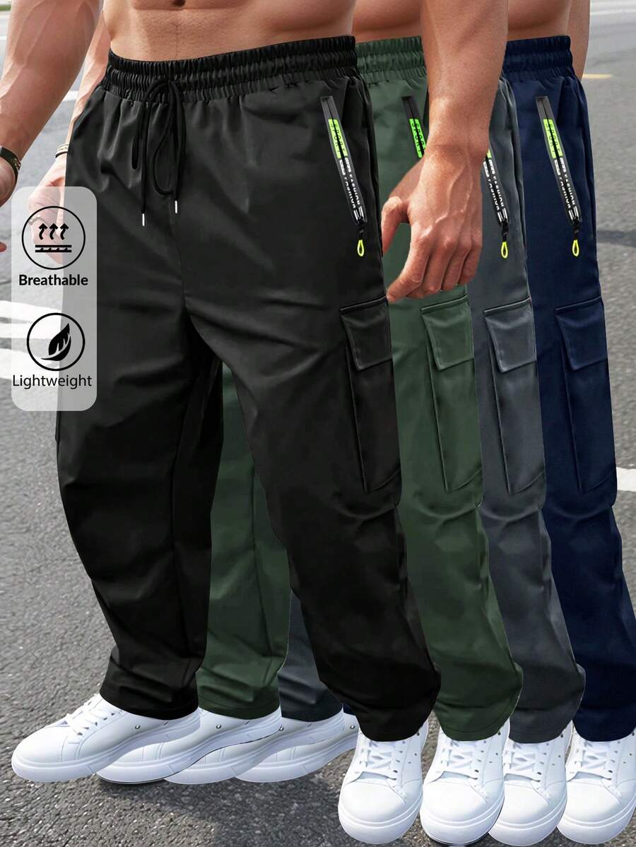 Men's Drawstring Elastic Waist Zip Pocket Sportswear Pants, Casual Outdoor Straight Leg Cargo Pants, NEON Highlight, Spring/Autumn