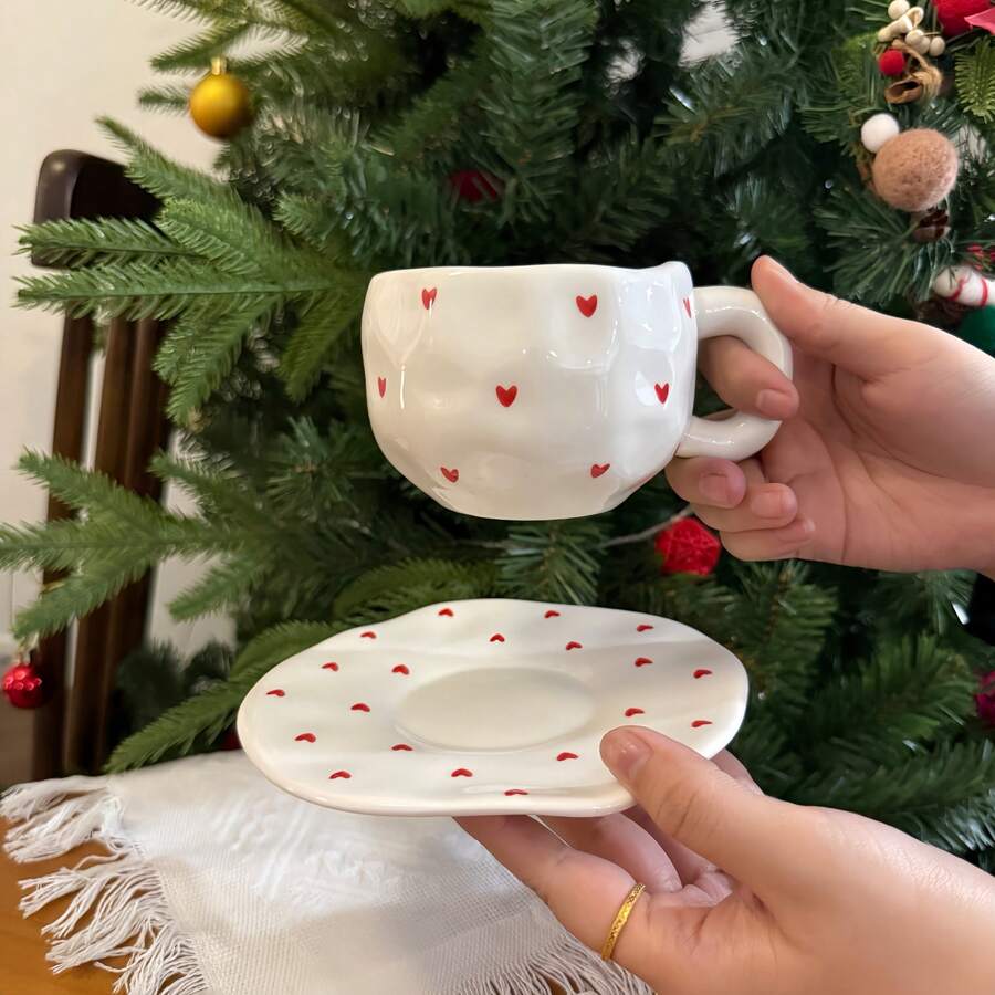 Coffee Mugs, Ceramic Cups Suitable For Coffee, Tea, Cocoa, Cappuccino, Latte And Milk, Large Handle Design, Suitable For Microwave And Dishwasher, Handmade Ceramic Coffee Cup & Saucer Set, Couple Heart-Shaped Gift Ceramic Cup & Saucer