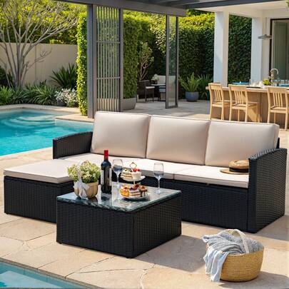 Devoko 4 Piece Patio Furniture Sets Sectional Adjustable Conversation Set All-Weather Outdoor PE Wicker Rattan Patio Sofa With Cushions And Glass Table For Porch Poolside, Beige