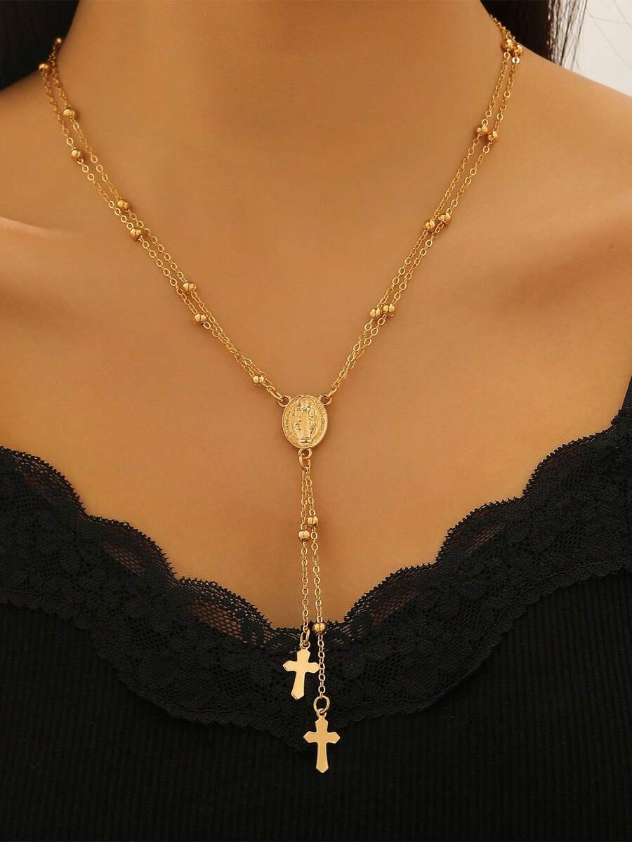 1 pieza Collar con cadena en forma de Y con retrato de cruz con cuentas, estilo punk hip-hop, adecuado para uso diario, estilo callejero, cualquier ocasión, gran regalo para amigos y novias - Dorado - Ver 1