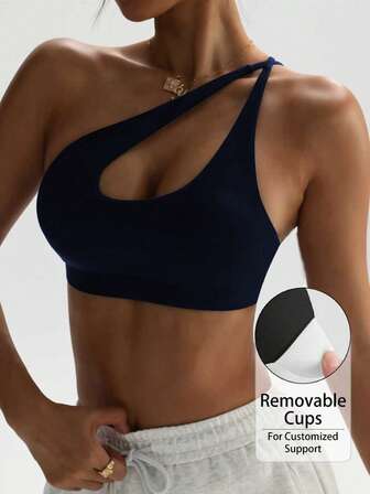 Women's Black Removable Padded Shoulder Knit Sports Bra