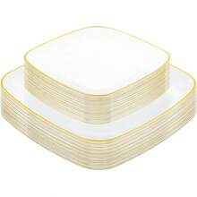 10pcs Square Gold Rimmed Plates - Heavy Duty Gold Square - Includes 10pcs 10.25 Inch Plates Or 10pcs 7.5 Inch Plates, Essential For Dinner, Dessert, Party, Wedding - White - View 3