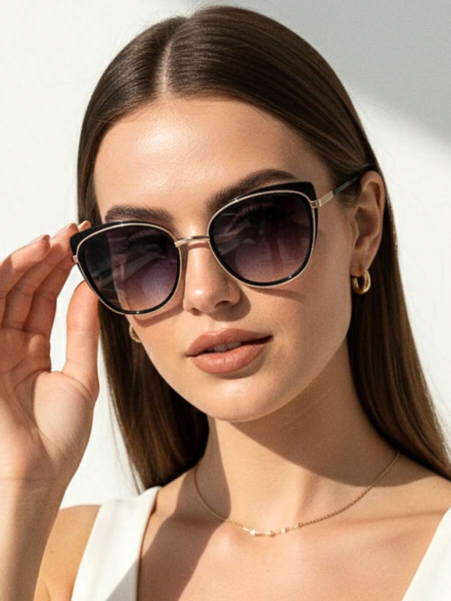 Women's Sunglasses, Summer Fashion, Blogger, Cat Eye, Elegant, Casual, Travel, Beach, UV400 Protection, Premium - 金色和黑色 - 查看 1