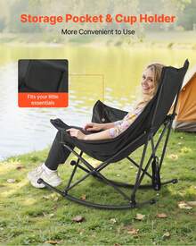 Rocking Camping Chair, Portable Folding Rocker, Heavy-Duty Lawn Chair Recliner With Cupholder & Pocket, Supports 225lbs, Fully Padded Camp Chairs For Outdoor Patio Backyard Porch Garden - Rocking recliner - 查看 6