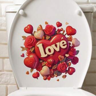 1pc Valentine's Day Toilet Lid Decal, Romantic Rose Flower And Love Pattern With Heart-Shaped Design, Self-Adhesive Waterproof Removable PVC Bathroom Sticker, Single Use, Rectangle Shape, Perfect For Valentine's Day Or Wedding Decor, Toilet Decor And