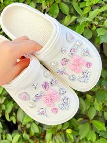 24pcs Silver & Pink Bow, Heart, Flower ABS Decorative Accessories, Suitable For Women Sandals, Slippers, Beach Bags Charms, Great For Holidays, Birthday Party Gifts - Silver Pink - View 1