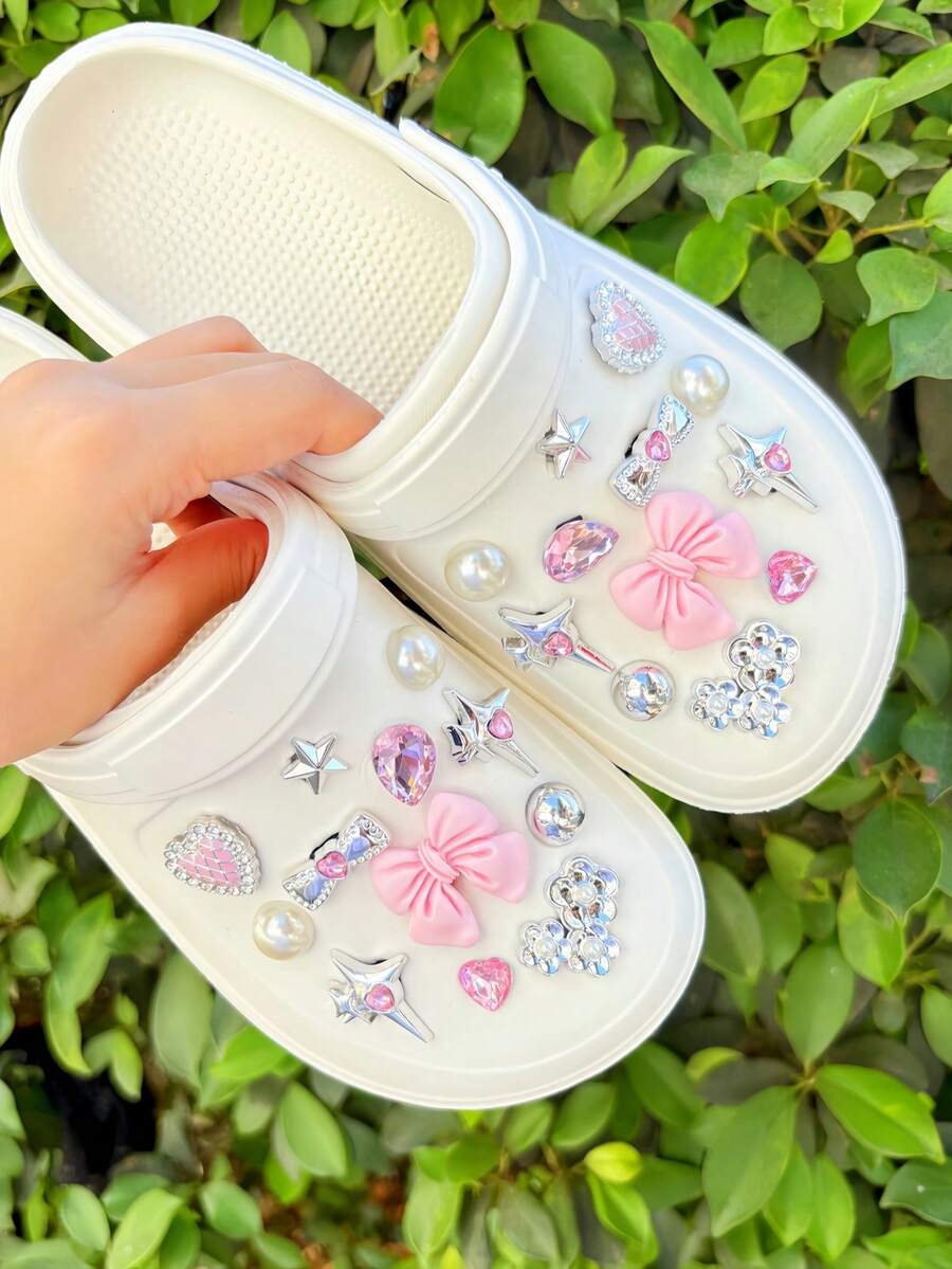 24pcs Silver & Pink Bow, Heart, Flower ABS Decorative Accessories, Suitable For Women Sandals, Slippers, Beach Bags Charms, Great For Holidays, Birthday Party Gifts - Silver Pink - View 1