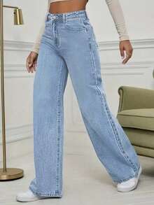 Women's Mid Waist Non Elastic Casual Loose Straight Leg Denim Pants Suitable For Daily Commuting And Home Wear - Rửa nhẹ - Xem 4