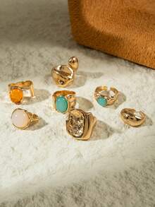 7pcs/Set Minimalist Luxury Metal Alloy & Pearl Geometric Creative Unique Women Jewelry Ring Set, Perfect Gift For Daily Wear & Any Occasion - 30188-r-g-1 - View 4