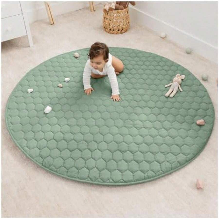 Rectangle Kids Play Mat - Medium 48 x 72 inches Soft Quilted Baby Floor Mat with Non-Slip Bottom - Plush Design for Toddlers Playtime and Relaxation - Comfortable and Durable -(Verde salvia Round - 153 cm) - Multicolor - Ver 1