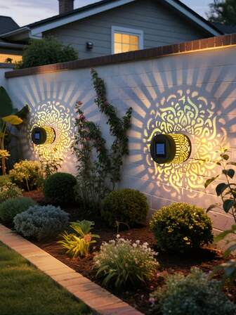 4pcs Solar Powered Wrought Iron Projection Wall Lights - Laser Cut Shadow Art, Suitable For Outdoor Use, IP65 Waterproof, Garden Facade Decor, 120° Beam Angle