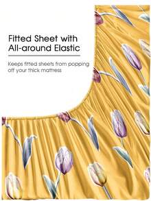 4件套黄色郁金香图案床上用品套装，柔软超细纤维易护理床上用品套装，花卉图案被套套装（1个被套+1个床笠+2个枕套），适用于单人床、双人床、大号床、特大号床，深口袋床笠设计，最大可适配11.8英寸的床笠，透气抗皱，奢华酒店风格，馈赠父母和朋友的绝佳礼物 - 芥末黃 - 查看 5