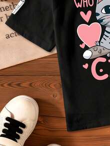 Camiseta casual de manga corta con cuello redondo y gráfico de gato de dibujos animados para niña - Negro - Ver 7