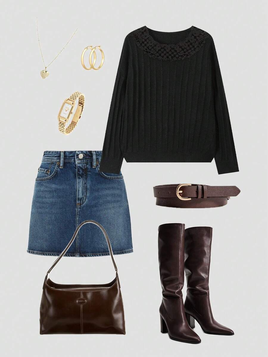 Damen romantischer, vintage, eleganter, lässiger Alltags- und Büro-Pullover in Große Größen mit Spitzen-Patchwork, geeignet für Zuhause, Schule, Date, Flughafen im Herbst/Winter und frühen Frühling