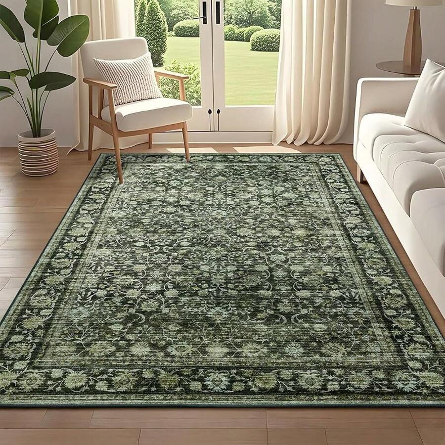 5x7 Vintage Area Rug For Living Room Bedroom, Machine Washable Non Slip Indoor Rug, Thin Throw Floral Low Pile Distressed Carpet For Office Nursery Dining Room Red/Blue, Modern Chic Design - 深綠色 - 查看 1