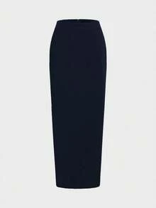 两件套优雅简约假日派对通勤日常商务套装，女士秋季抹胸露脐上衣和中长裙套装 - 藏蓝色 - 查看 9