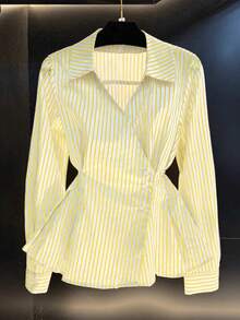 Women's Spring/Autumn New V-Neck Tie-Waist Casual Long Sleeve Blouse - Lemon Yellow - View 5