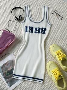 Women's Sexy Fitted Ribbed Knit Mini Dress, Summer High Street Collegiate Sleeveless Fitted Sweater - Blue and White - View 4