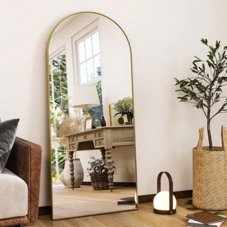 56"X21"Full Length Mirror Arch Floor Mirrors With Aluminum Alloy Frame Free-Standing Wall Mounted Or Leaning Large Bedroom Dressing Mirror Modern & Contemporary Decor For Home,Gold,Selfie Mirror, Apartment Friendly - 金色 - 查看 1