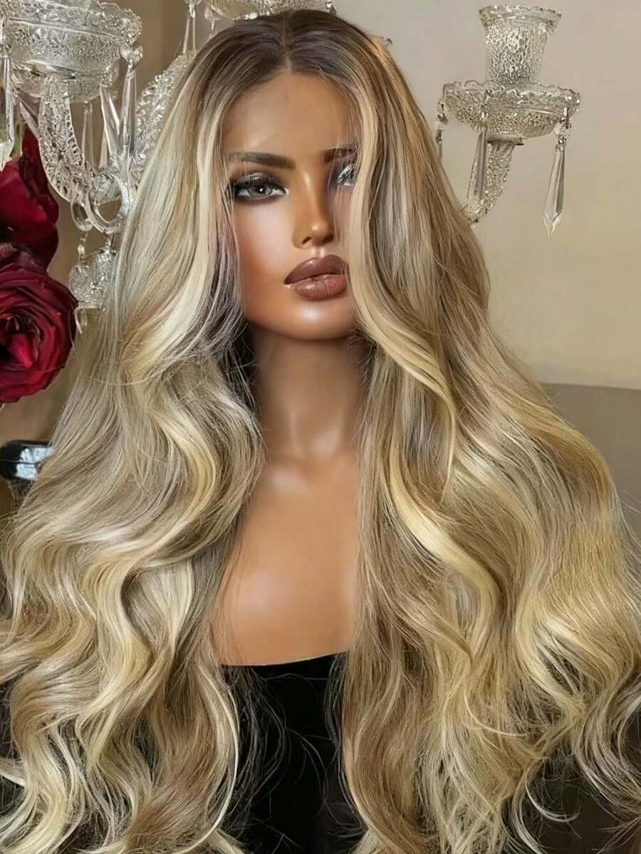 Blonde Ombre With Dark Root Wig Synthetic Natural Water Wave Lace Front Wigs Glueless 13x4 HD Lace Front Wigs Long Body Wave Synthetic Wigs For Women Ready To Wear Natural Looking - Tóc vàng ombre - Xem 1