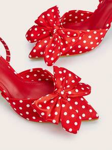 Red Polka Dot Bow Tie Pointed Toe Ankle Strap Stiletto High Heel Shoes, Suitable For Party, Banquet, Vacation - Red - View 3