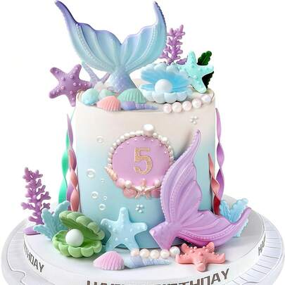 14pcs Mermaid Cake Decorations - Mermaid Tail Cake Toppers, Seaweed Shells Starfish Coral Undersea Cake Decorations (Blue & Purple), Suitable For Birthday Parties, Mermaid Themed Parties, Holiday Celebrations And More. These Cake Decorations Will Be Very Fun.