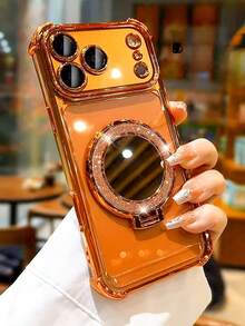 透明防摔气囊化妆镜磁吸支架TPU电镀手机壳，兼容 17/6/7/8/X/XS/XR/11/12/13/14/15/16e - 橘色 - 查看 3