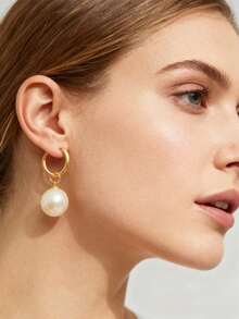 1 Pair 18K Gold Plated Stainless Steel Hoop Earrings With White Faux Pearl Pendant, Fashionable & Minimalist Design, Suitable For Daily Wear - White - View 4