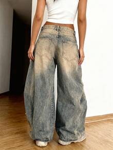 Quần jeans nữ dáng suông cạp thấp, kiểu vintage rách nhẹ, thích hợp cho mùa xuân. - Màu xanh hải quân - Xem 2