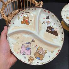 Cabin Kangaroo 1pc Cartoon Animal 3-Compartment Ceramic Divided Plate, Cute Panda And Cat Design, Home Portion Control Meal Plate, Children Dinnerware