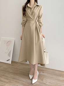 法式奢华优雅时尚设计衬衫裙 - 杏色 - 查看 4