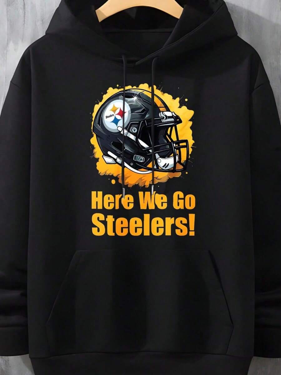 Pittsburgh Steelers Football Hoodie Here We Go Steelers Black Pullover Sweatshirt For Men And Women Team Logo Print Spor - 黑色 - 查看 1